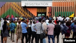 Youths are seen outside the venue of the launch of Google free wifi project in Lagos, Nigeria, July 26, 2018. 