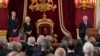 From left, Britain's Prince William, Queen Consort Camilla and King Charles III are seen before Privy Council members in the Throne Room during the Accession Council at St. James's Palace, London, Sept. 10, 2022.