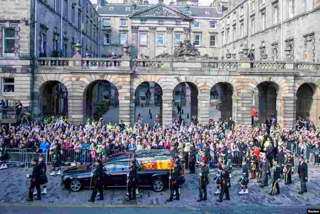 Britain's King Charles, Princess Anne, Princess Royal, Prince Andrew, Duke of York and Prince Edward, Earl of Wessex walk behind the procession of Queen Elizabeth's coffin, from the Palace of Holyroodhouse to St. Giles' Cathedral, Edinburgh, Sept. 12, 2022.