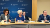 Baltic Parliamentary Speakers speak to reporters at the Embassy of Lithuania, Jan. 31, 2024. Left to right: Speakers include Viktorija Cmilyte-Nielsen of Lithuania, Daiga Mieriņa of Latvia and Lauri Hussar of Estonia.