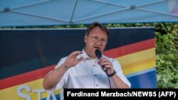 Robert Sesselmann of the far-right Alternative for Germany party, speaks in Sonneberg, Germany, June 25, 2023. Sesselmann won a closely-watched run-off vote for district administrator in Sonneberg. (Photo by FERDINAND MERZBACH/NEWS5/AFP)