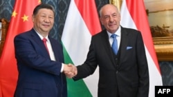 Presiden China Xi Jinping (kiri) berjabat tangan dengan Presiden Hongaria Tamas Sulyok sebelum pembicaraan resmi mereka di Blue Hall istana kepresidenan di Budapest, Hongaria, 9 Mei 2024. (Noemi BRUZAK / POOL / AFP)