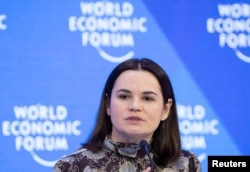 FILE - Leader of the Democratic Forces of Belarus Sviatlana Tsikhanouskaya speaks in Davos, Switzerland, Jan. 19, 2023.