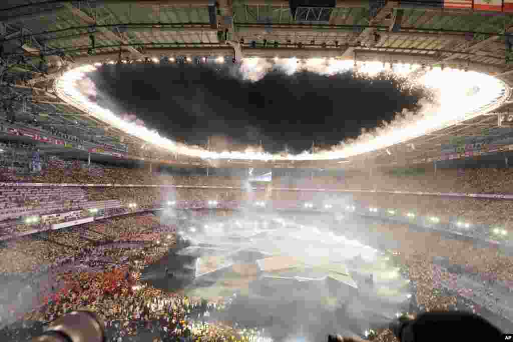 Fireworks explode during the 2024 Summer Olympics closing ceremony at the Stade de France, Aug. 11, 2024, in Saint-Denis, France.