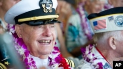 FILE - Lou Conter attends ceremonies for the 75th anniversary of the Japanese attack on Pearl Harbor, Dec. 7, 2016, in Honolulu. Conter, the last living survivor of the USS Arizona battleship that sank during the attack, died on April 1, 2024.