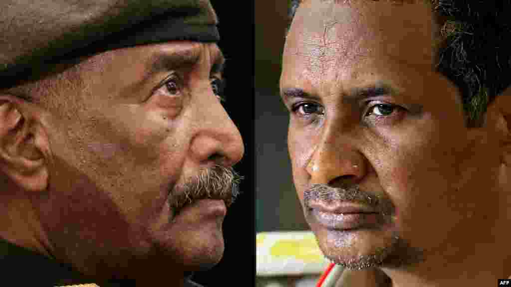 Mkuu wa Majeshi ya Sudan Abdel Fattah al-Burhan (L) na Kamanda wa kikosi cha usaidizi wa haraka cha wanamgambo RSF.Jenerali&nbsp;Mohamed Hamdan Dagalo (Hemedti) (R). Mapigano yamerindima kwa siku ya pili nchini Sudan&nbsp;April 16 baada ya mapambano makali kati ya majenerali mahasimu yaliyouwa darzeni ya watu na kujeruhi takriban watu 600, na kuibua waswasi wa kimataifa. (AFP)