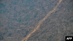 FILE - Aerial image of an area of deforested Amazon rainforest covered in smoke from an illegal fire in the municipality of Cujubim, Rondonia State, northern Brazil, Aug. 20, 2024. 