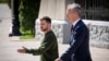 Ukrainian President Volodymyr Zelenskyy, left, welcomes NATO Secretary-General Jens Stoltenberg before their press conference in Kyiv, April 29, 2024.