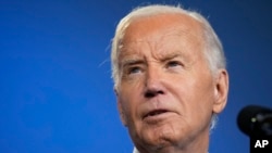 President Joe Biden speaks during an event on the Ukraine Compact on the sidelines of the NATO summit in Washington, July 11, 2024. The president later held a news conference at the close of the summit.