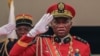 Gabon's General Brice Oligui Nguema (R) salutes as he is inaugurated as Gabon's interim President, in Libreville on Sept. 4, 2023. 