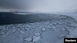 Ice floes are seen in Kongsfjord, near Ny-Aalesund, April 6, 2023.
