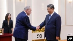 资料照片：中国领导人习近平在北京人大会堂会晤到访的美国国会参议院多数党领袖查克·舒默。（2023年10月9日）