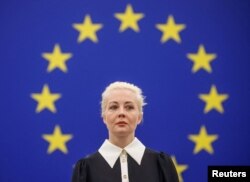 Yulia Navalnaya, the widow of Alexey Navalny, the Russian opposition leader who died in a prison camp, addresses the European Parliament, in Strasbourg, France, Feb. 28, 2024.