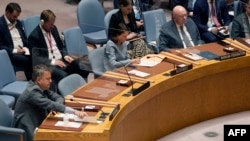Mwakilishi wa kudumu wa Ukraine Umoja wa Mataifa (kushoto) Sergiy Kyslytsya na Balozi wa Russia UN, Vasily Nebenzya (kulia) wakihudhuria mkutano wa Baraza Kuu la Usalama August 23, 2022 ulioitishwa na Russia kujadili hatari ya kinu cha nyuklia cha Zaporizhzhya.