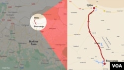 Peta yang menunjukkan wilayah antara Bourzanga and Djibo yang terletak di bagian utara Burkina Faso. (Foto: VOA)