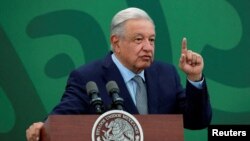 FILE - Mexico's President Andres Manuel Lopez Obrador speaks during a news conference at the Secretariat of Security and Civilian Protection in Mexico City, Mexico, March 9, 2023.