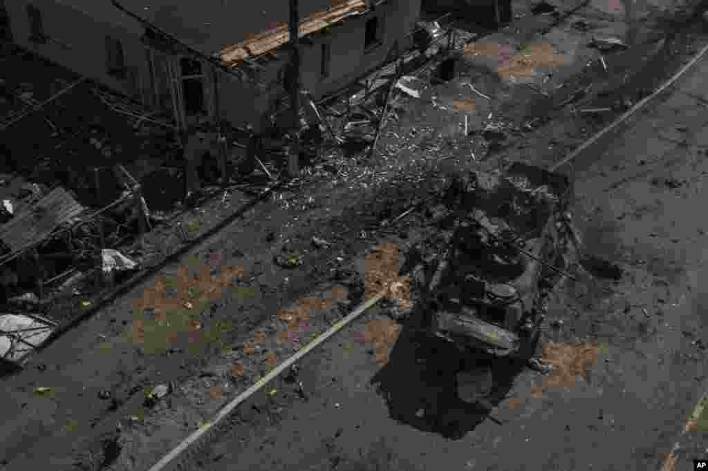 A destroyed Russian tank is seen after battles on a main road near Brovary, north of Kyiv, March 10, 2022
