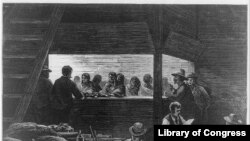 This 1875 wood engraving shows rations being distributed at Red Cloud Indian Agency, Red Cloud, Nebraska.