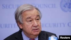 Sekjen PBB Antonio Guterres speaks di Markas Besar PBB di New York, AS, 14 Maret 2022. (REUTERS/Andrew Kelly)
