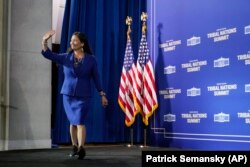 Interior Sec. Deb Haaland arrives at the White House Tribal Nations Summit at the Interior Dept. in Washington, Wednesday, Nov. 30, 2022.