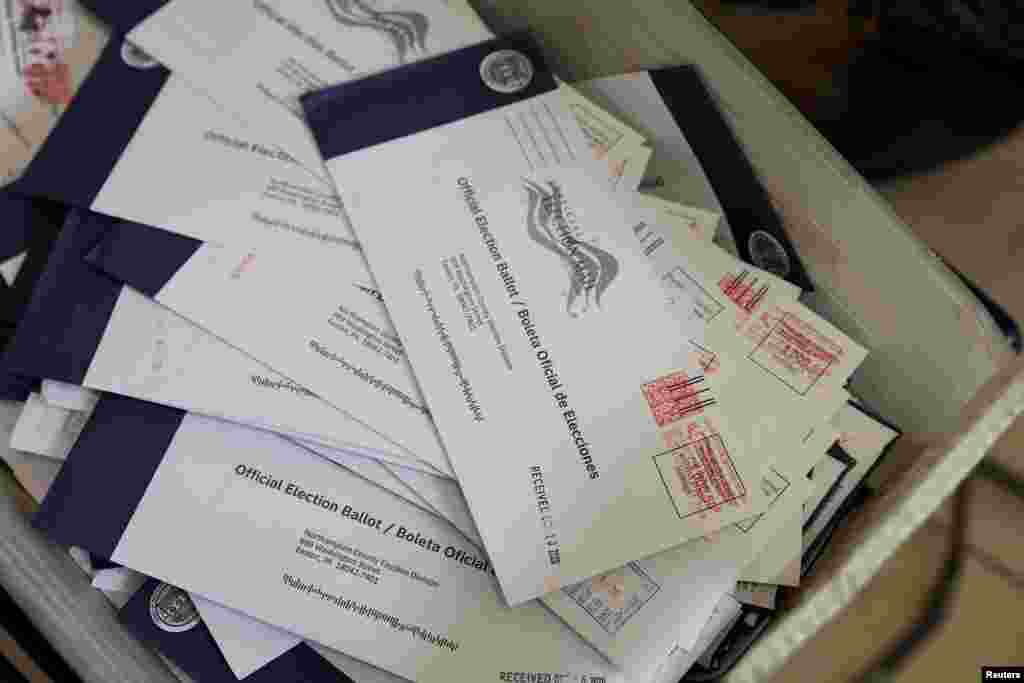 Mail-in ballots are seen at the Northampton County Courthouse on Election Day in Easton, Pennsylvania, Nov. 3, 2020.