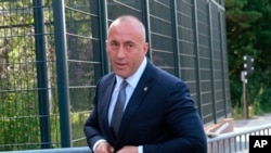 (File) Former Kosovo Prime Minister Ramush Haradinaj arrives for a tribunal, at the Hague, Netherlands, July 24, 2019, was questioned by a special court investigating alleged war crimes by members of the separatist Kosovo Liberation Army two decades ago.