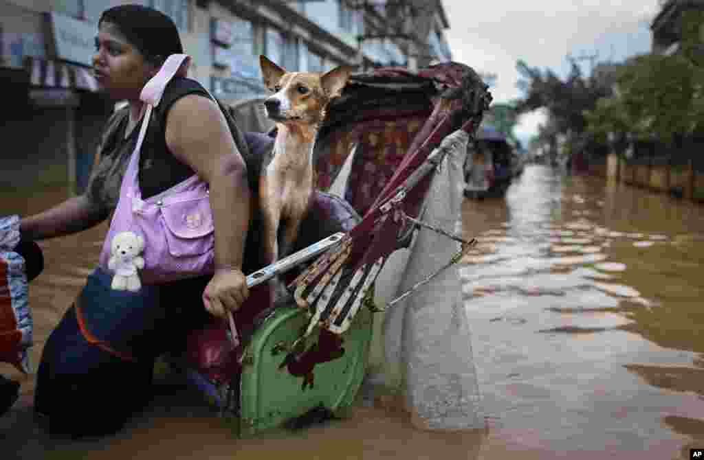A woman and her dog ride in a rickshaw through floodwaters in Gauhati, India. Several people have been killed due to electrocution and landslides triggered by incessant rains in India’s northeastern state of Assam.