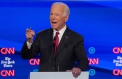 FILE - Democratic presidential candidate and former Vice President Joe Biden speaks during the fourth U.S. Democratic presidential candidates 2020 election debate in Westerville, Ohio, Oct. 15, 2019.