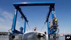 FILE - The Mayflower Autonomous Ship at its launch site on Sept. 14, 2020. The autonomous trimaran docked in Halifax, Nova Scotia, after it set out to retrace the 1620 sea voyage of the Mayflower.