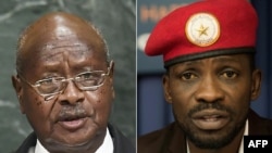 Rais mteule wa Uganda Yoweri Museveni (L) na Robert Kyagulanyi aliyekuwa mgombea urais wa NUP, Januari 14, 2021