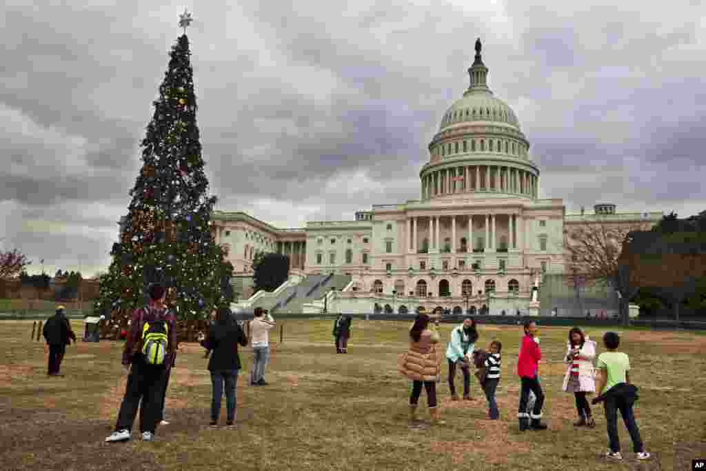 Turis mengunjungi pohon Natal di gedung Kongres, Washington DC (22/12). (AP/Jacquelyn Martin)