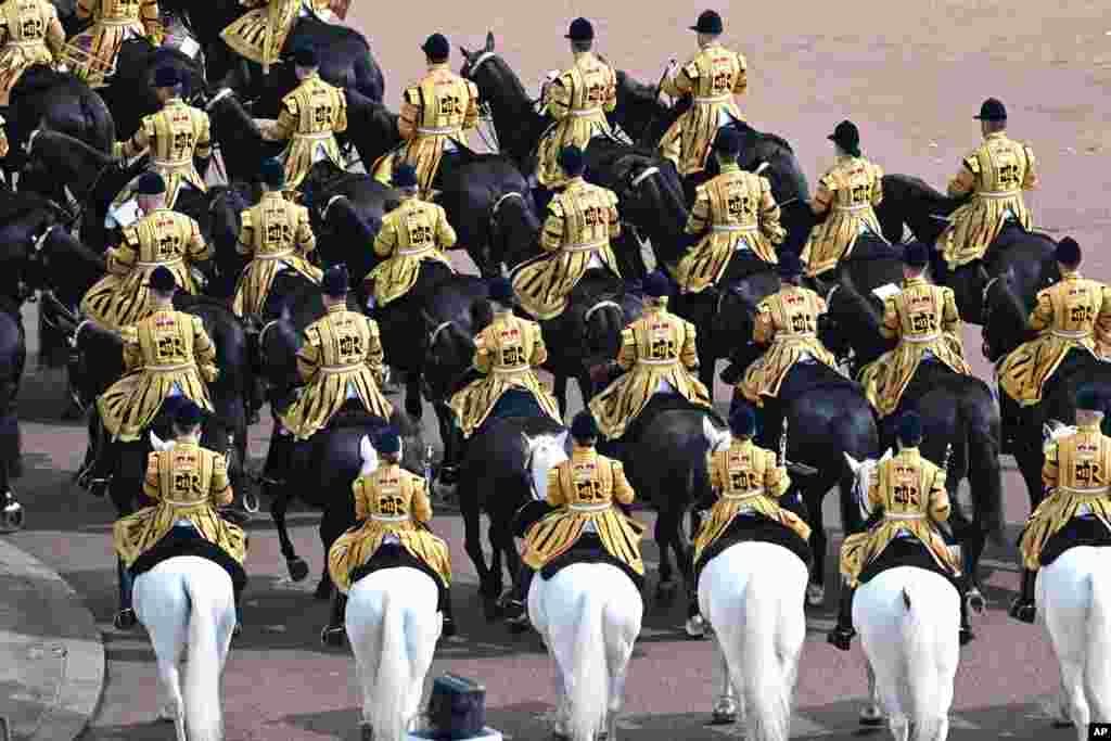Members of Band of the Household Cavalry take part in the Queen's Birthday Parade, the Trooping the Color, in London, June 2, 2022, on the first of four days of celebrations to mark the Platinum Jubilee.