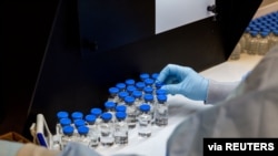 FILE - A lab technician inspects vials filled with the antiviral drug remdesivir, at a Gilead Sciences facility in La Verne, California, March 11, 2020.