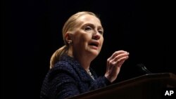 Secretary of State Hillary Rodham Clinton gestures as she gives a speech Thursday, Dec. 6, 2012, at Dublin City University in Dublin, Ireland.