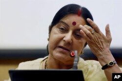 FILE - Indian External Affairs Minister Sushma Swaraj addresses a press conference in New Delhi, India, June 19, 2016.