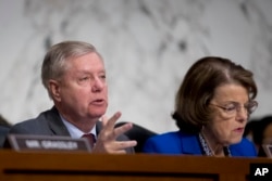 Senate Judiciary Committee Chairman Lindsey Graham, R-S.C., accompanied by Ranking Member Sen. Dianne Feinstein, D-Calif.,(R) questions Attorney General nominee William Barr during a Senate Judiciary Committee hearing on Capitol Hill in Washington, Jan. 15, 2019.