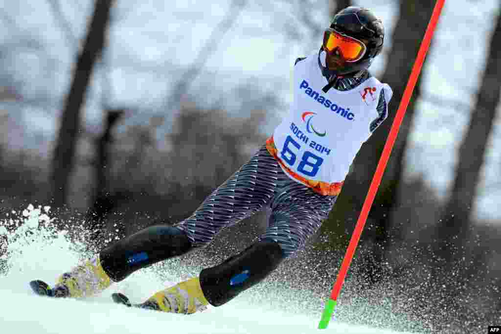 Armenia's Mher Avanesyan (LW 5/7-1) competes in the Men's Alpine Skiing Slalom Standing during the XI Paralympic Olympic Games at the Rosa Khutor Alpine Center near Sochi, Russia.