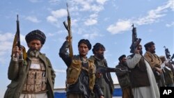 Afghan militiamen raise their weapons as they stand guard in the Achin district of Nangarhar province, Afghanistan, Dec. 27, 2015.