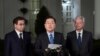 South Korean national security director Chung Eui-yong, center, speaks to reporters at the White House in Washington, March 8, 2018, as intelligence chief Suh Hoon, left and Cho Yoon-je, the South Korea ambassador to United States listen. President Donald