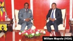 FILE: President Emmerson Mnangagwa of Zimbabwe and Mozambican president Filipe Nyusi in Maputo, Mozambique.