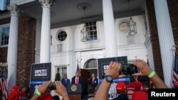 FILE - U.S. President Donald Trump delivers remarks to the City of New York Police Benevolent Association at Trump National Golf Club in Bedminster, New Jersey, Aug. 14, 2020. 