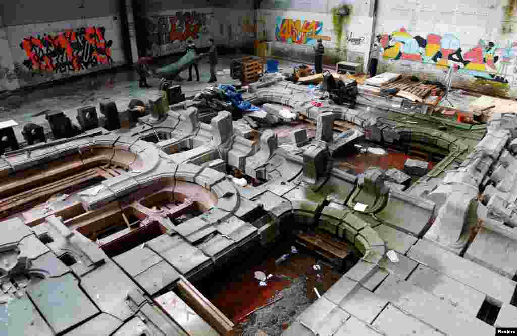 A damaged Art Nouveau facade designed by Belgian architect Victor Horta is pictured in a warehouse in the Brussels district of Schaerbeek after it was abandoned to squatters, Belgium, August 3, 2016.