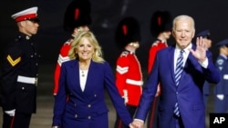 U.S. President Joe Biden and first lady Jill Biden arrive on Air Force One at Cornwall Airport Newquay, near Newquay, England, ahead of the G-7 summit in Cornwall, June 10, 2021.