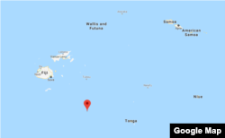 The U.S. Geological Survey says a magnitude-8.2 quake hit at a depth of 560 kilometers (348 miles) and was located 280 kilometers (174 miles) northeast of Fiji's Ndoi Island (red pin).