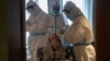 A woman takes a COVID-19 test at a quarantine hotel in Wuhan in central China's Hubei province, March 31, 2020. 
