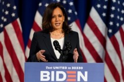 Democratic vice presidential candidate Sen. Kamala Harris, D-Calif., speaks in Washington, Aug. 27, 2020.