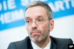 Austrian Minister of the Interior Herbert Kickl, of the right-wing Freedom Party, addresses the media during a news conference in Vienna, Austria, May 20, 2019.