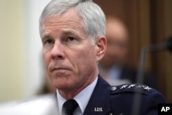 FILE - Gen. William Shelton, Commander, U.S. Air Force Space Command, testifies on Capitol Hill, Sept. 15, 2011.