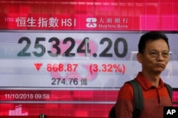 A man walks past an electronic board showing Hong Kong share index outside a bank In Hong Kong, Oct. 11, 2018. Asian markets tumbled Thursday but recovered a bit Friday.