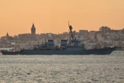 FILE - U.S. Navy guided-missile destroyer USS Porter sails in the Bosphorus, on its way to the Black Sea, in Istanbul, Turkey, Jan. 28, 2021.